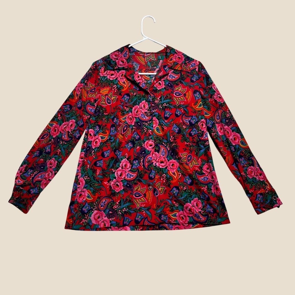VTG 70s Dagger Collar Psychedelic Floral Paisley Disco Shirt Red Pink Blue M/L